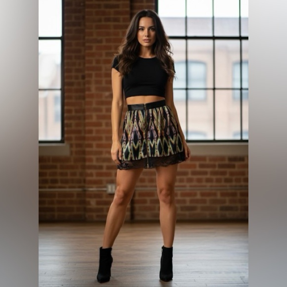 RARE Mimi Chica Silk Black and Multicolor Mini Skirt